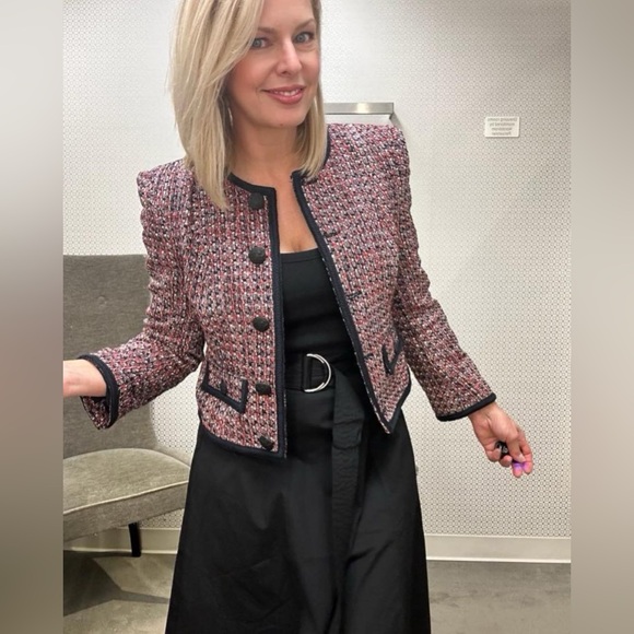 NWT Veronica Beard Ceres Metallic Cotton Blend Tweed Jacket in Size 12 Red /Navy - Picture 2 of 16